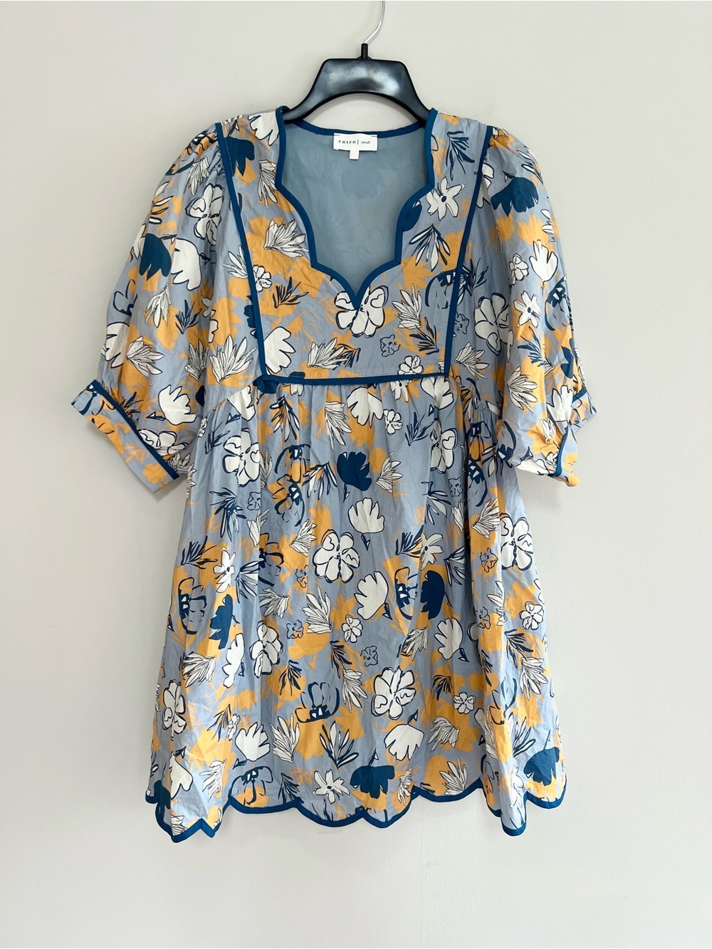 Entro Sweet Nothing V Neck Floral Puff Sleeve Scalloped Cotton Mini Dress, Small